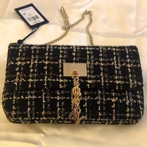 DKNY Cleo Clutch Black & Gold Tweed Gold Tone Chain & Logo Charm NWT